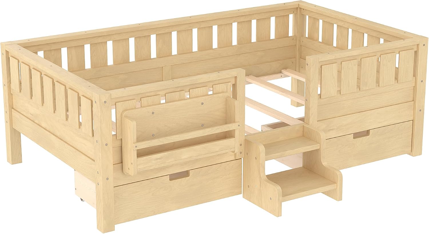 Bellemave Twin Size Kids Montessori Bed with Stairs and Bookshelf,Solid Wood Twin Size Kids Bed Frame with Drawers and Storage for Girls Boys,Low-Profile,Light Natural