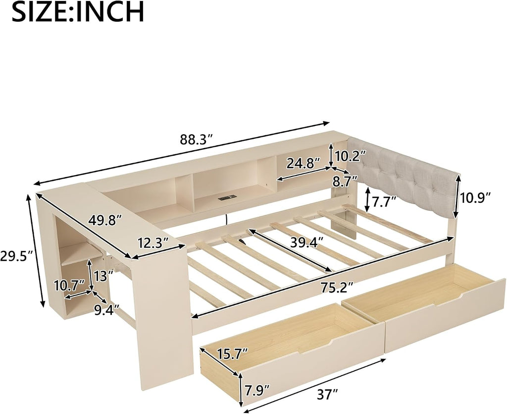 Twin Size Platform Bed with Storage Shelves and Study Desk, Wood Daybed Frame with Upholstered Headboard and 2 Drawers for Office/Living Room/Bedroom, Maximize Space