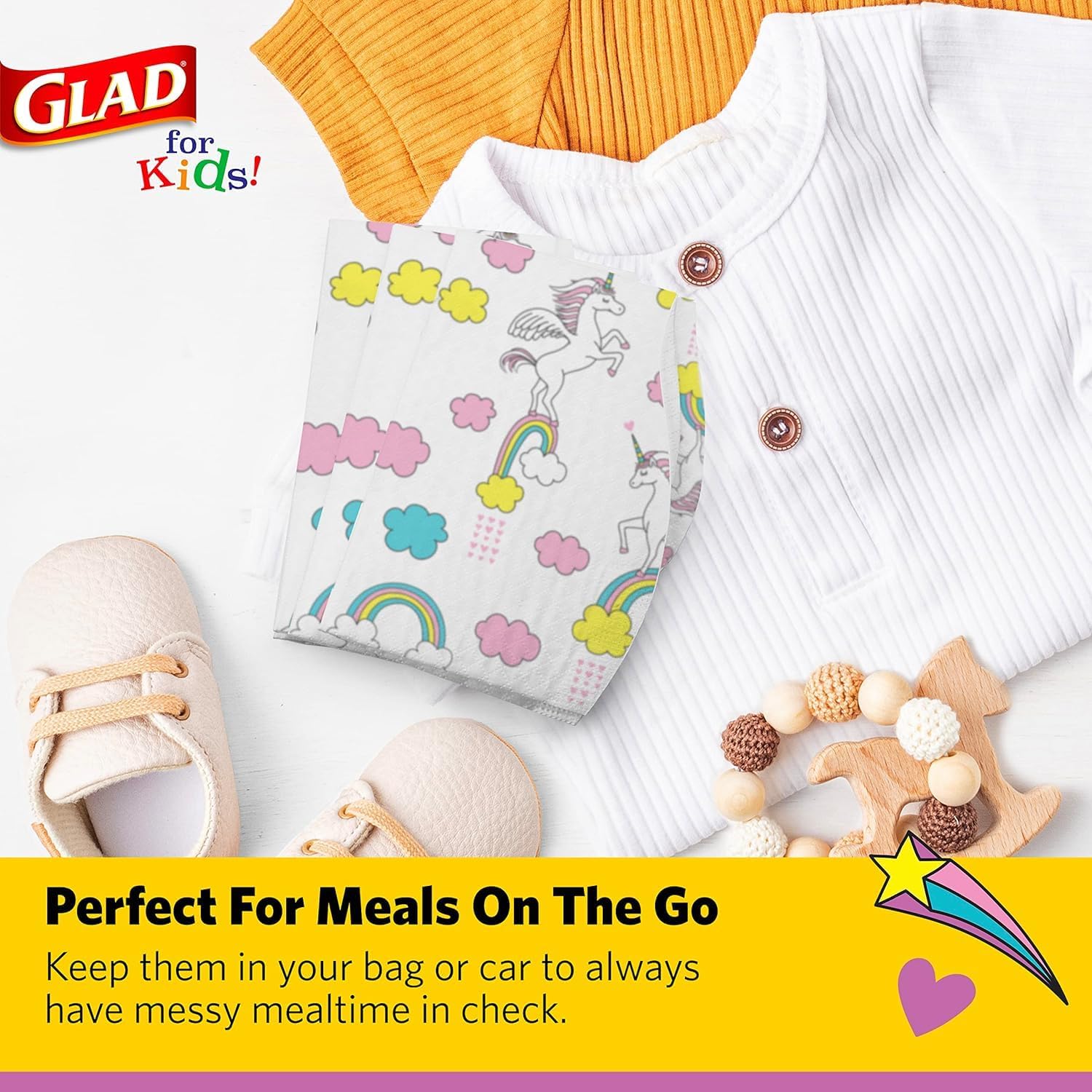 Glad for Kids Unicorn Disposable Paper Bibs with Crumb Catcher, Absorbent Leakproof Bibs for Toddlers and Babies, Mess Free Feeding, Crafts, Parties, and Travel Use, 30 Count - 24 Pack