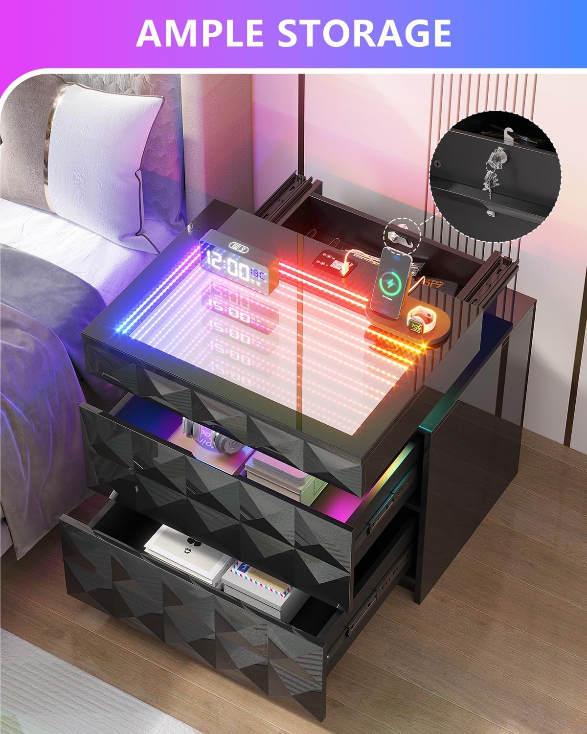 Night Stand Set 2 with Charger Station & RGB Lights, 3 Drawers Bedside Table with Sliding Top, Modern Night Stands with Human Body Sensor for Bedroom, Black