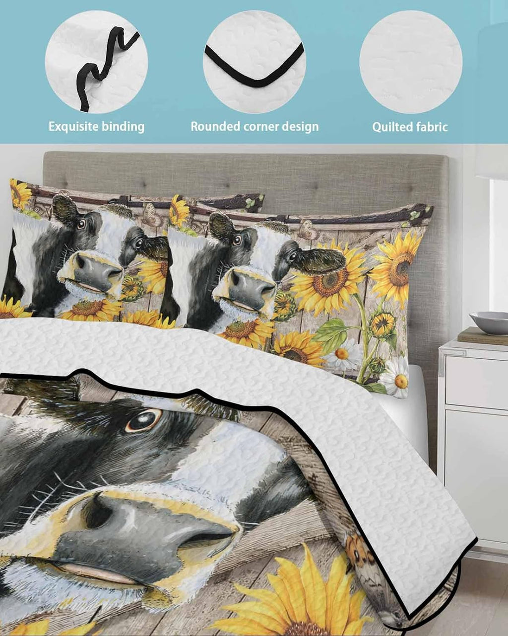 Quilt King Size Bedding Set, Retro Farmhouse Flower Lightweight Summer Quilt 3 Pieces Bedding Sets, Yellow Sunflowers Cow Barn Doors Brown Reversible Soft Bedspreads Coverlets with 2 Pillow Shams
