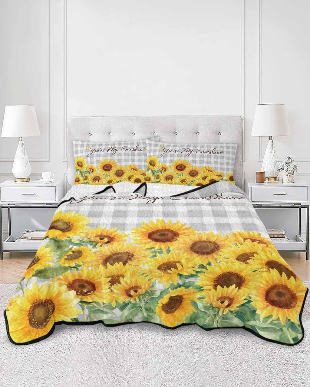 Quilt King Size Bedding Set, Yellow Sunflowers Lightweight Summer Quilt 3 Pieces Bedding Sets, Summer Floral Elegant Pastoral Checkered Reversible Soft Bedspreads Coverlets with 2 Pillow Shams