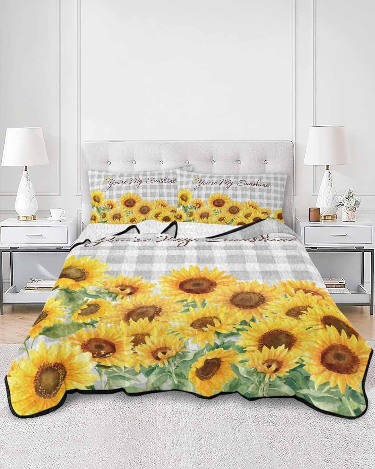 Quilt King Size Bedding Set, Yellow Sunflowers Lightweight Summer Quilt 3 Pieces Bedding Sets, Summer Floral Elegant Pastoral Checkered Reversible Soft Bedspreads Coverlets with 2 Pillow Shams