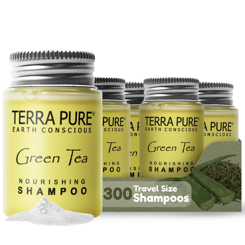 Terra Pure Travel Size Hotel Shampoo 300 Count 1 oz Bottles Guest Amenities for Hotels Vacation Rentals and Short Term Rentals Paraben Free Green Tea Scent Infused with Aloe and Olive Oil