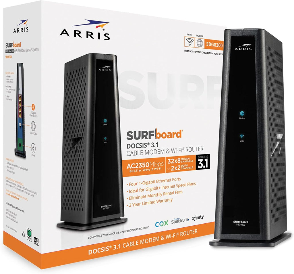 Arris (SBG8300-RB) - Cable Modem Router Combo - Fast DOCSIS 3.1 Gigabit & AC2350 WiFi,Comcast Xfinity, Cox, Spectrum & More, 1 Gbps Max Internet Speeds, 4 OFDM Channels - Renewed