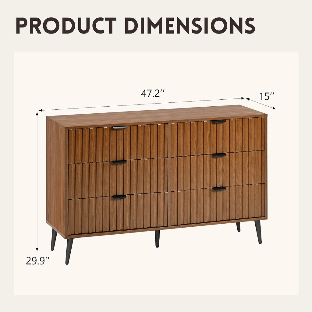 Fluted Dresser for Bedroom, 47'' Wide Modern Chest of Drawers, 6 Drawer Dresser TV Stand, Natural Wood Drawer Organizer for Bedroom, Living Room, Hallway, Walnut