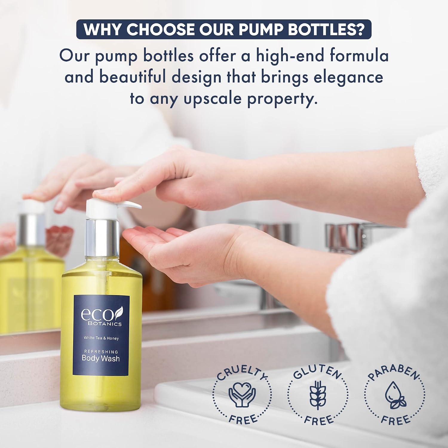 Eco Botanics Hotel Amenities Set | 10.14oz Pump Bottles | Shampoo, Conditioner, Hand & Body Wash, and Lotion | Set of 48