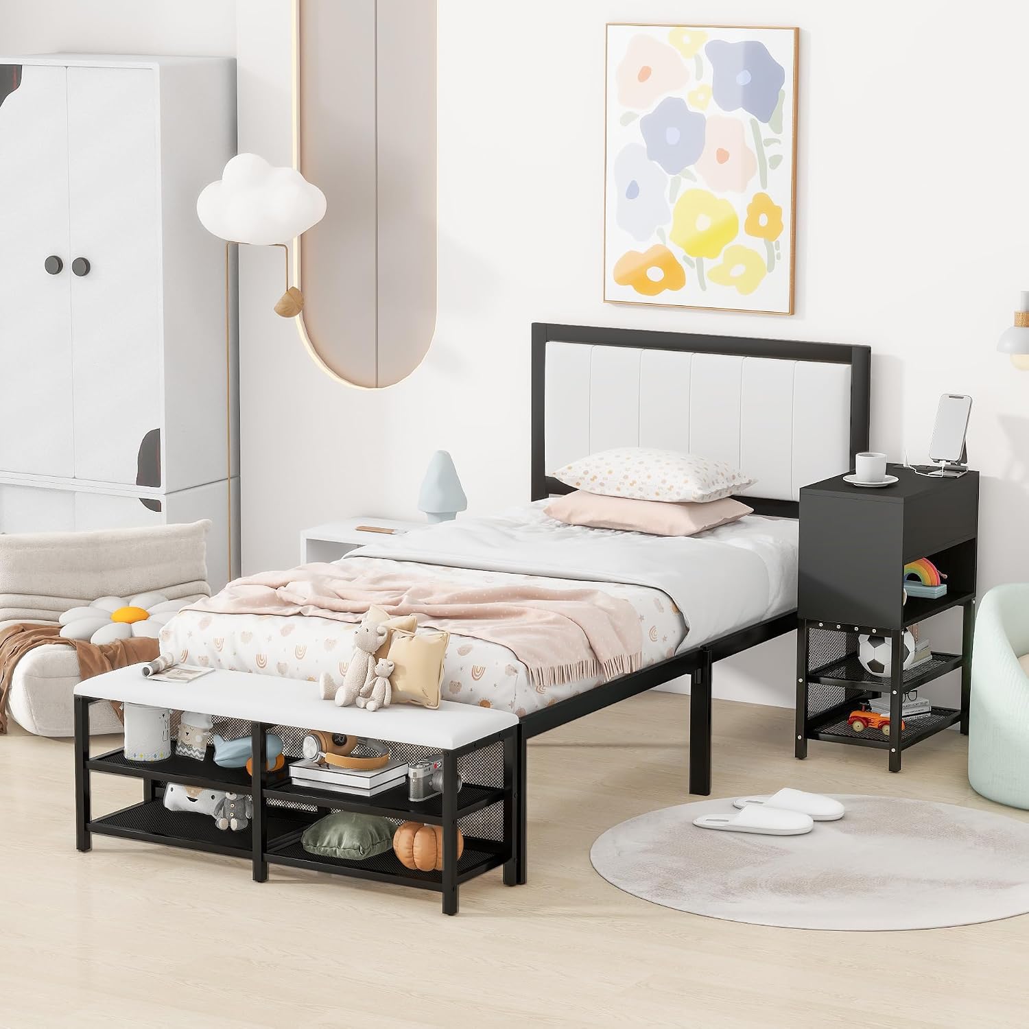 JIVOIT Twin Size Bed Frame, Metal Platform Bed with Two-Tier Storage Shelves, Wooden Storage Cabinet, Upholstered Headboard, Cushioned Footrest at Bed's End, No Box Spring Needed (Black/Twin,223)