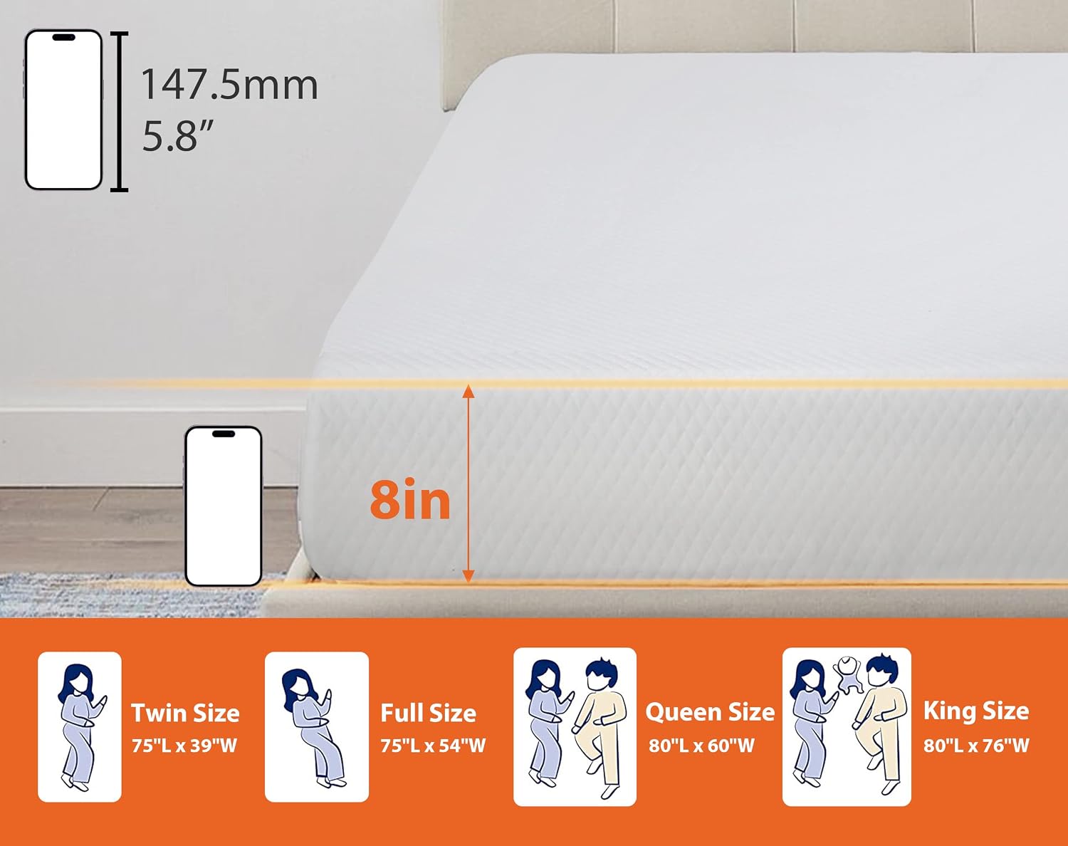 MKDLUFEI 8 Inch Queen Mattress,Memory Foam Mattress Queen,Breathable Cool Gel Mattress Medium Firm Queen Mattress and Box Spring Set,Queen Bed Mattress Gel Memory Foam Mattress for Back Pain,White