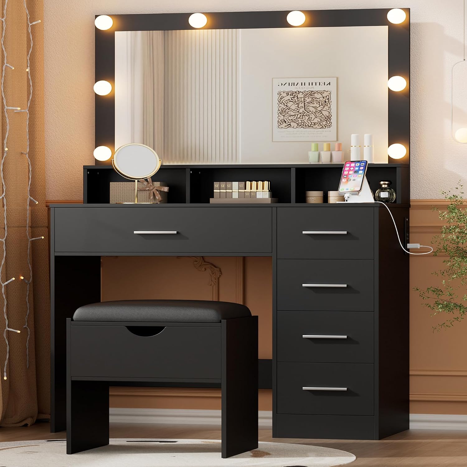 ERLEJIA Vanity Desk with Mirror and Lights, 35.43' Large Mirror Makeup Table with Stool, 5 Drawers Dressing Table for Girls and Ladies Bedroom, Black