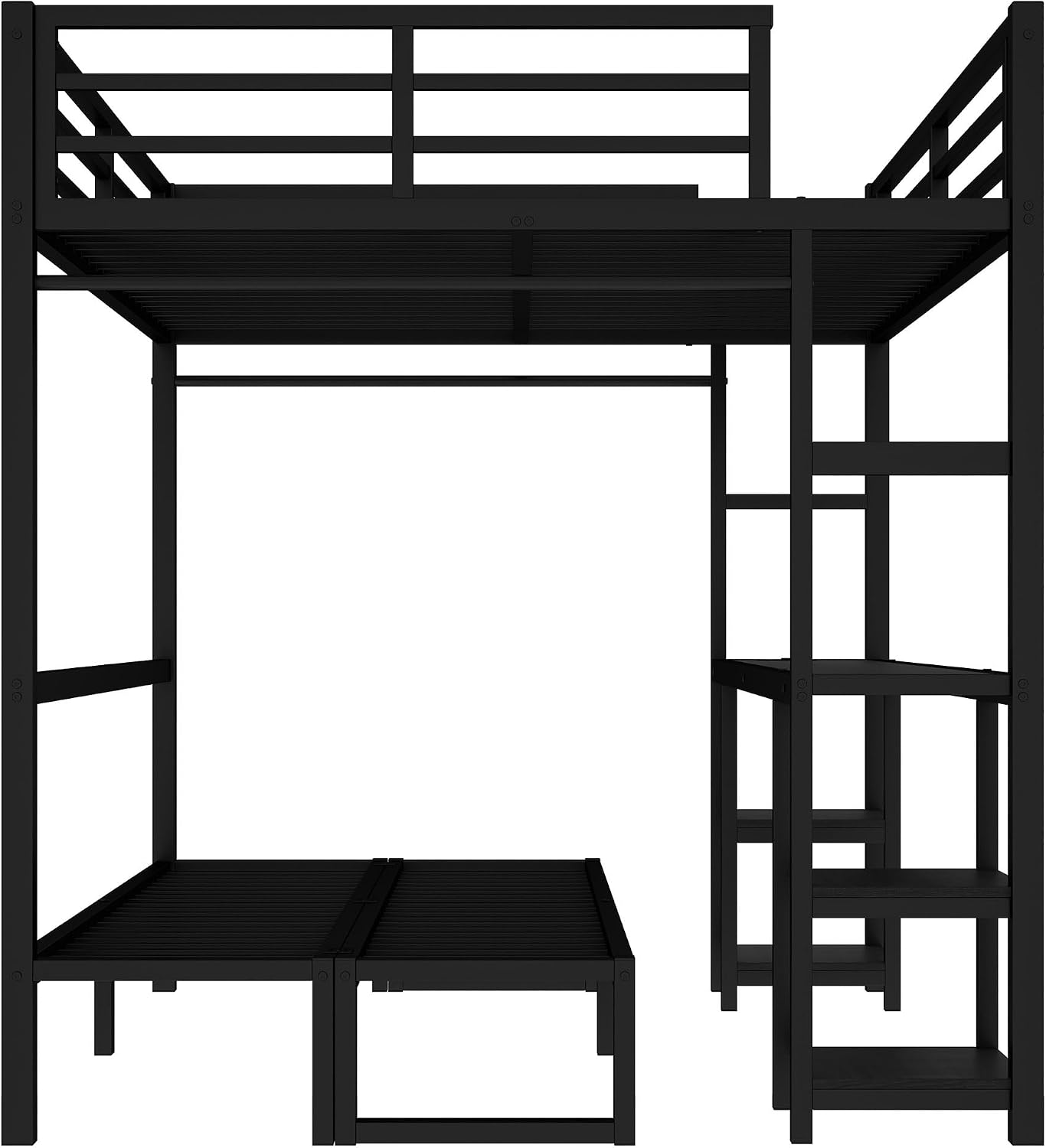 JIVOIT Queen Over Twin XL Metal Bunk Bed/Loft Bed, Multi-Functional Folding Design with Desk and Shelves, Multiple Uses Folds into Sofa, No Box Spring Needed