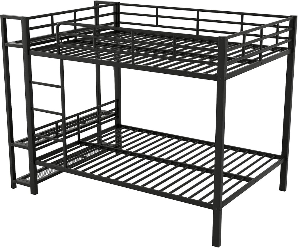 Metal Bunk Bed with Storage Mesh Shelves and Clothes Hooks, Open Storage Shelves, Full Size Bunk Bed with Full-length Reinforced Guardrails for Teens and Adults, No Box Spring Needed (Black//96)