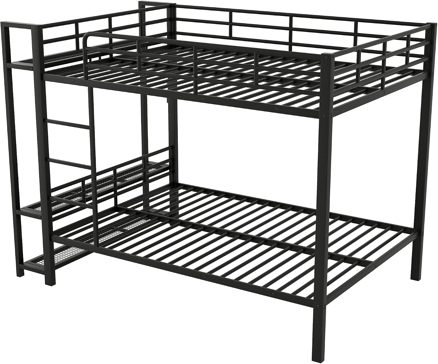 Metal Bunk Bed with Storage Mesh Shelves and Clothes Hooks, Open Storage Shelves, Full Size Bunk Bed with Full-length Reinforced Guardrails for Teens and Adults, No Box Spring Needed (Black//96)