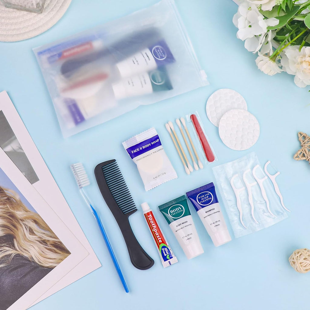 Toiletry Kits Travel Essentials Disposable Hygiene in Bulk, Trial Size Toiletries Supplies Individually Wrapped Traveling Personal Care Items, for Camping, Hotel, Homeless, Charity, 8-in-1 (100-Pack)