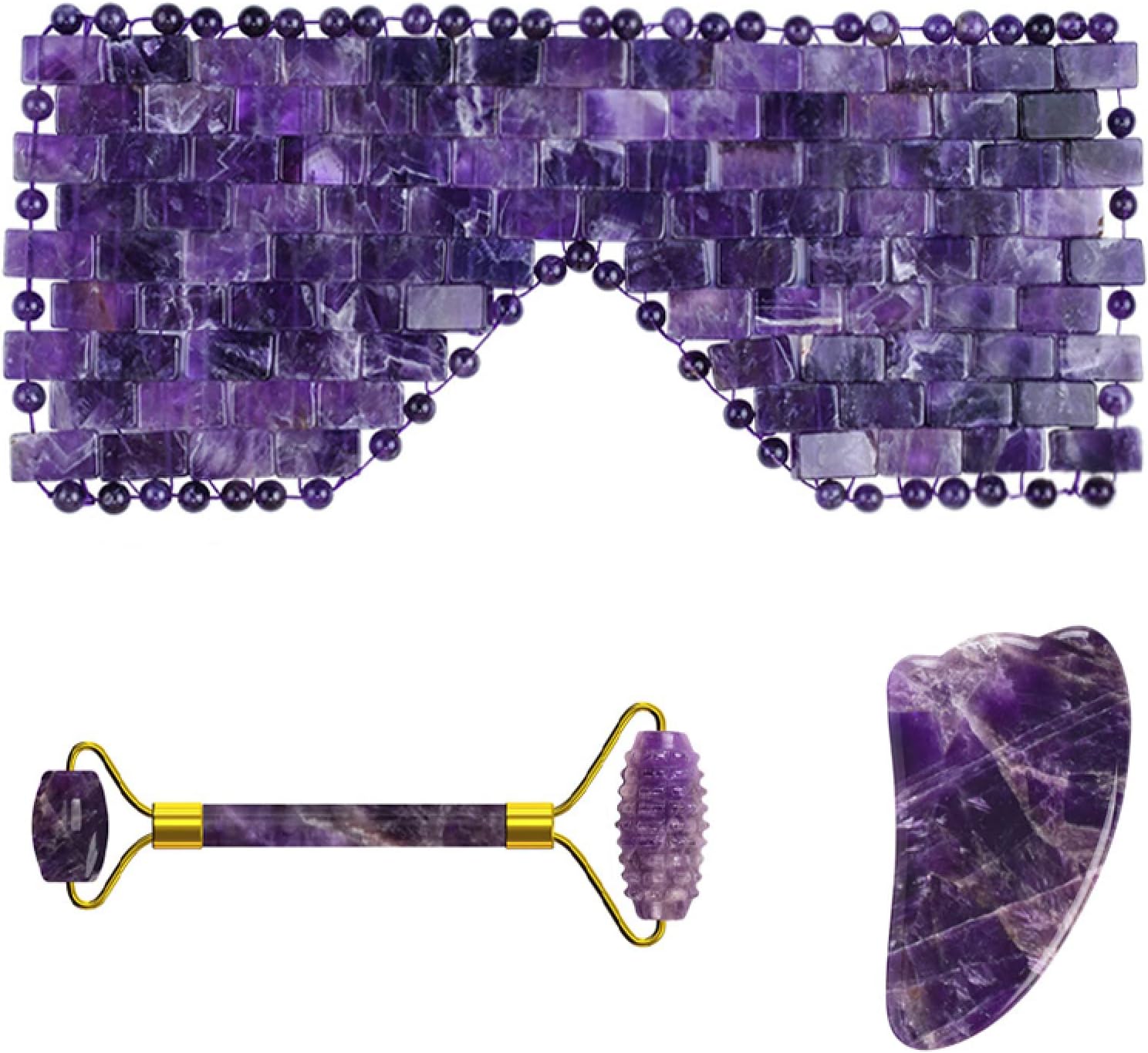 Amethyst Jade Roller Gua Sha Board for Face Lifting Natural Purple Crystal Eye Mask Facial Skin Care Tool,3in1 Set-Ci-YL