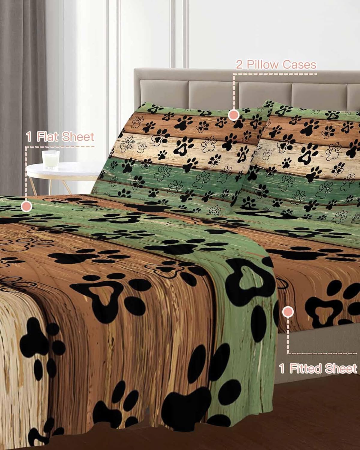 Dark Sage Green Brown Cal King Sheet Set 4 Piece Bedding - Farmhouse Dog Paw Vintage Breathable Comfy Cooling Bed Sheets & Pillowcase Sets, Hotel Luxury Flat Sheets Deep Pockets Fitted Sheet