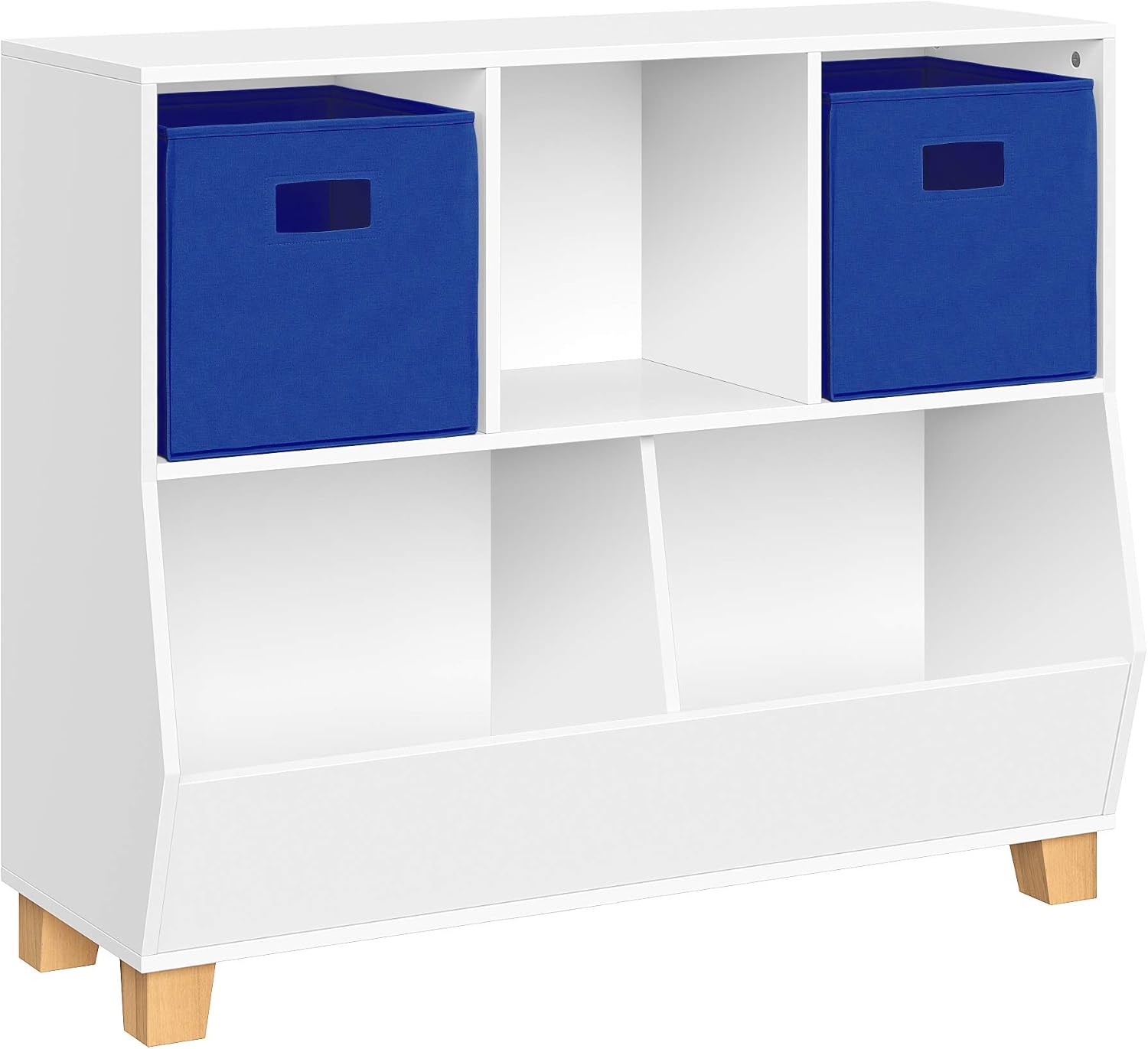 RiverRidge Catch-All Kids Toy Storage Organizer with 3 Cubbies and 2 Storage Bin Compartments - 35 Inch Wide White and 2 Blue Fabric Bins Kids Room Decor Toy Organizers and Bins