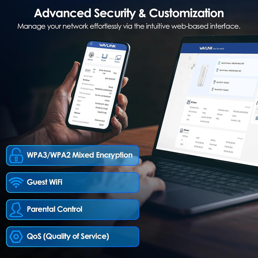 WAVLINK 2026 New 5G NR SA NSA AX3000 WiFi 6 CPE Router with SIM Card Slot, Qualcomn RM520N-GL Module, Dual Band Mesh 5G Router, Gigabit WAN/LAN Ports, 9 x Internal Antennas, WPA3, VPN