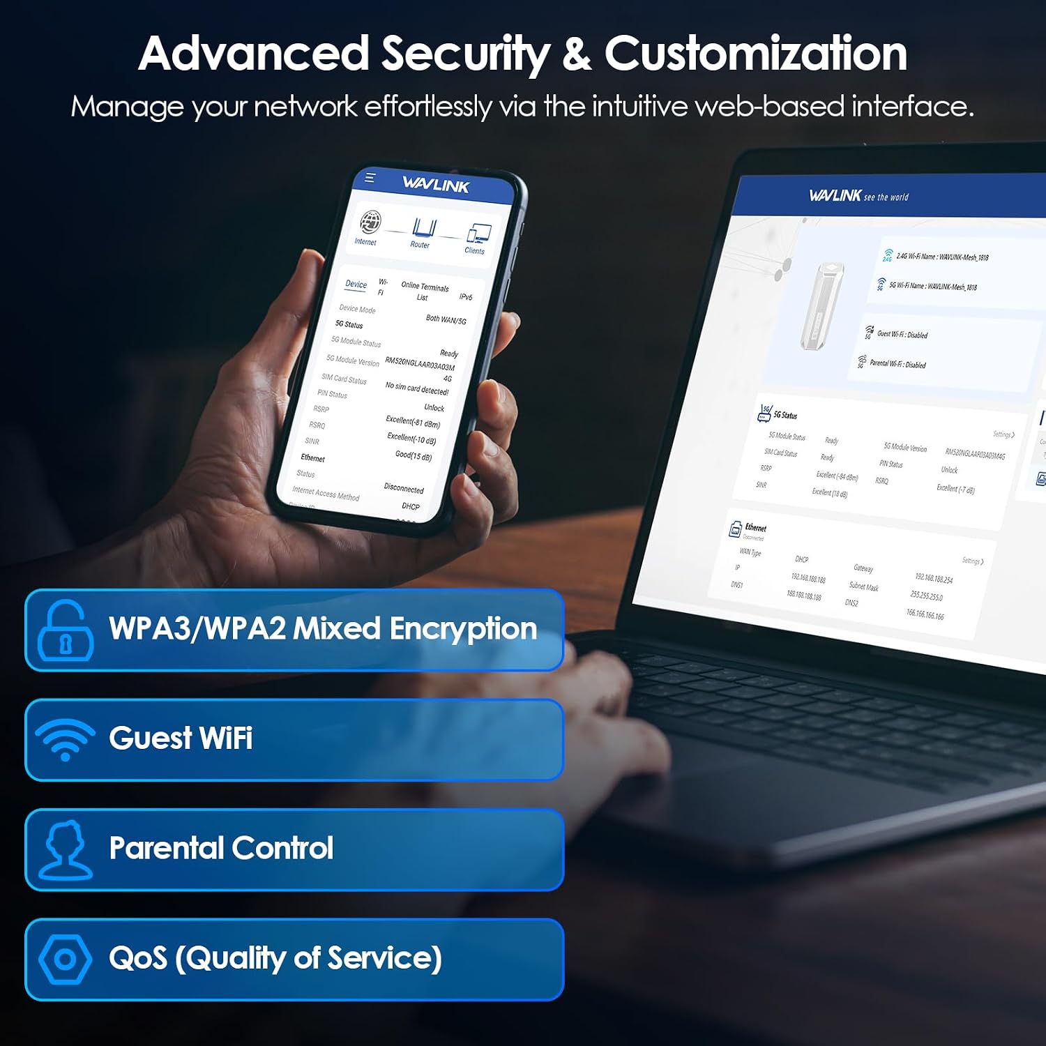 WAVLINK 2026 New 5G NR SA NSA AX3000 WiFi 6 CPE Router with SIM Card Slot, Qualcomn RM520N-GL Module, Dual Band Mesh 5G Router, Gigabit WAN/LAN Ports, 9 x Internal Antennas, WPA3, VPN