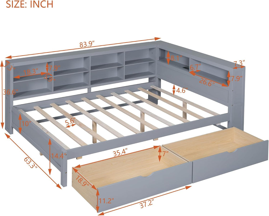 Full Size Daybed with 2 Drawers,Minimalist Wooden Sofa Bed Frame with Storage Shelf and USB Charging Ports for Bedroom, Studyroom, Guestroom, Livingroom (Grey-WD54)