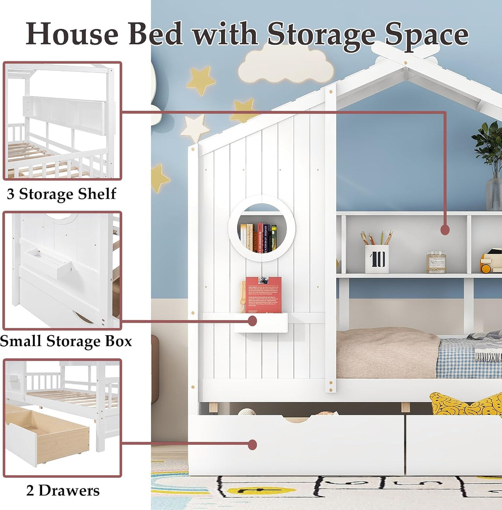 Twin Size Montessori Floor Bed with Roof & Window,Kids House Bed with 2 Drawers & Storage Shelf,Cute Playhouse Bed Frame for Kids,Wooden House Bed Frame No Box Spring Needed,Can be Decorated,White