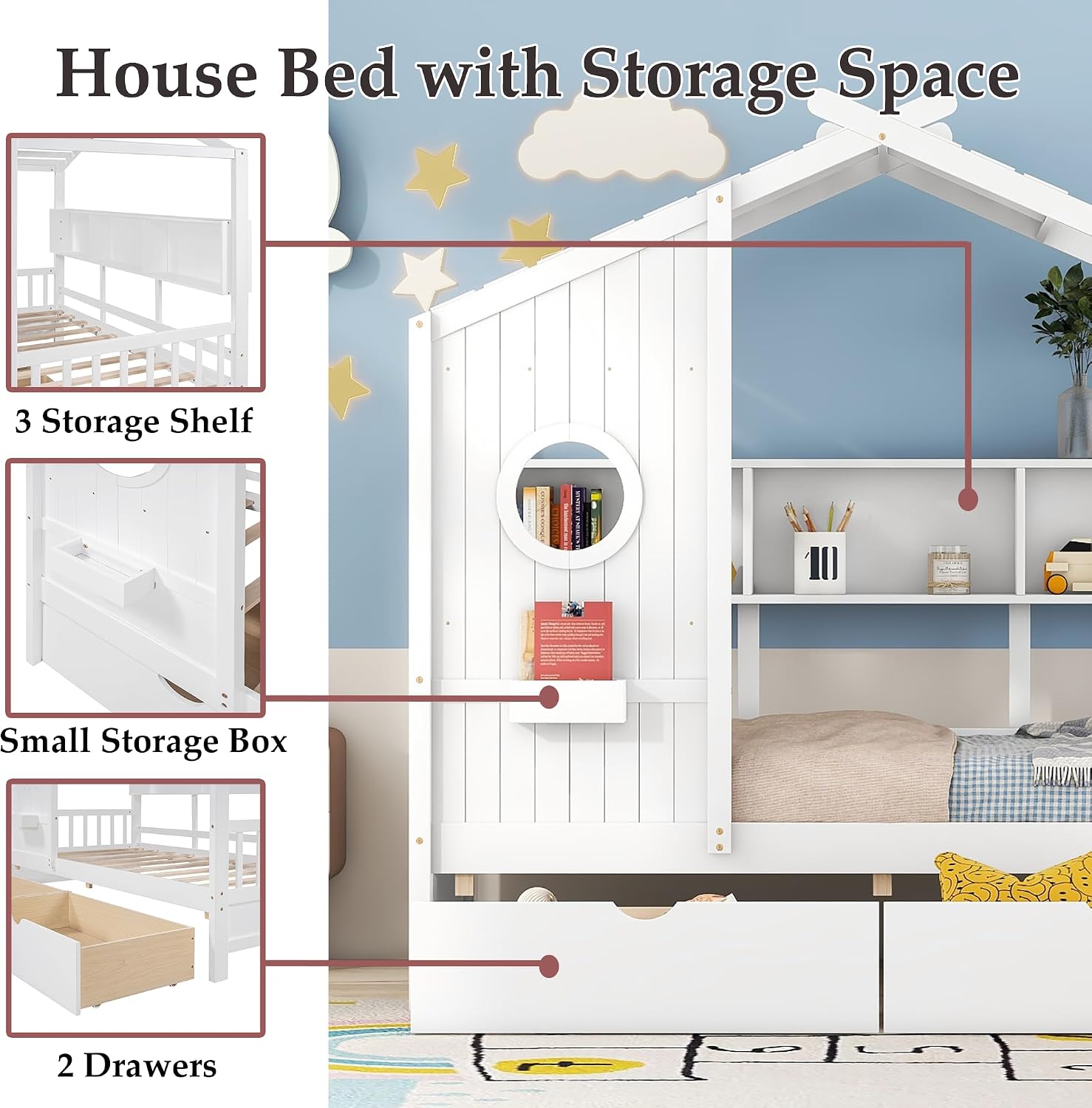 Twin Size Montessori Floor Bed with Roof & Window,Kids House Bed with 2 Drawers & Storage Shelf,Cute Playhouse Bed Frame for Kids,Wooden House Bed Frame No Box Spring Needed,Can be Decorated,White