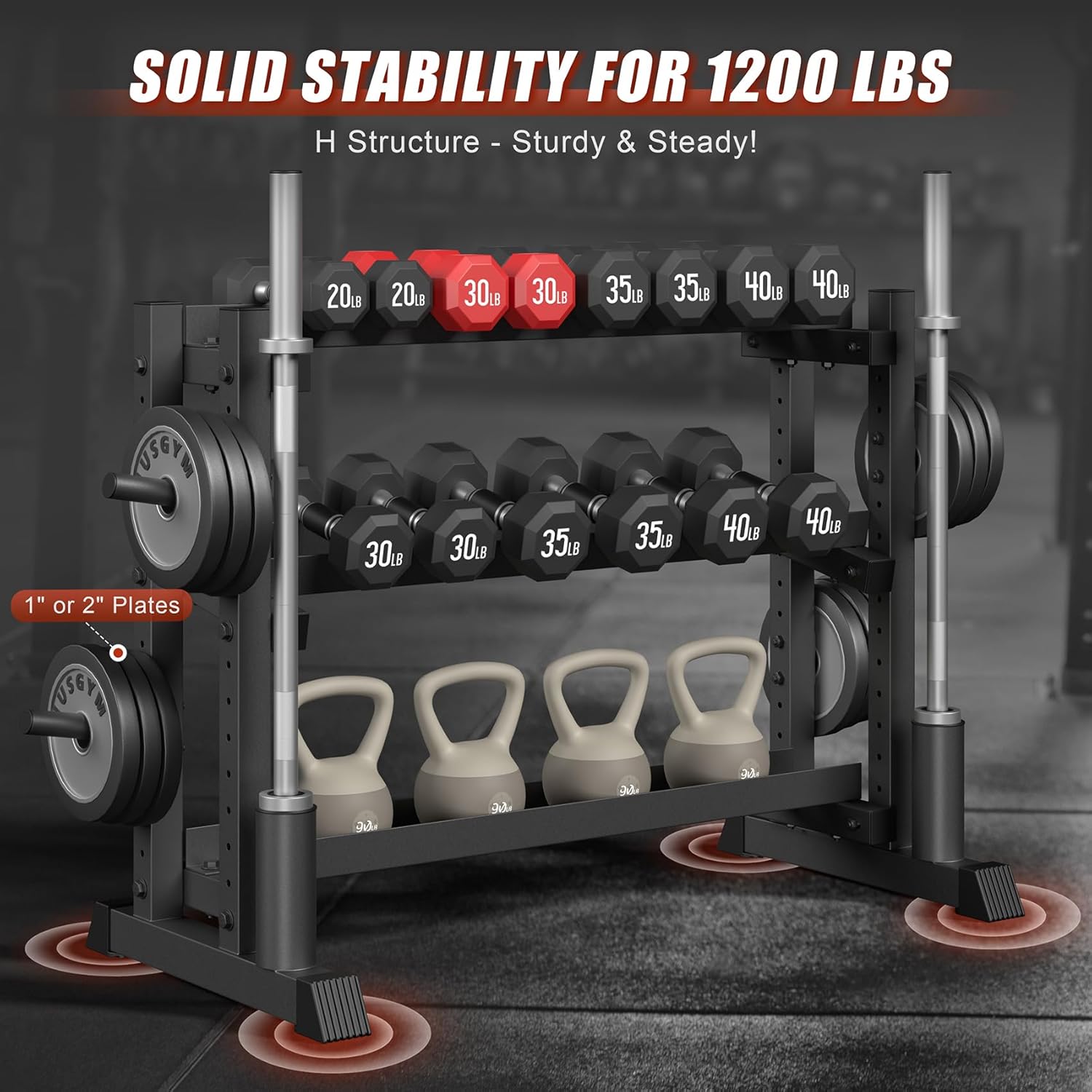 3-Tier Dumbbell Rack, 1200LB Capacity Adjustable Weight Rack for Home Gym, Heavy-Duty Weight Stand for Dumbbells Kettlebells & Weight Plates(Rack Only)