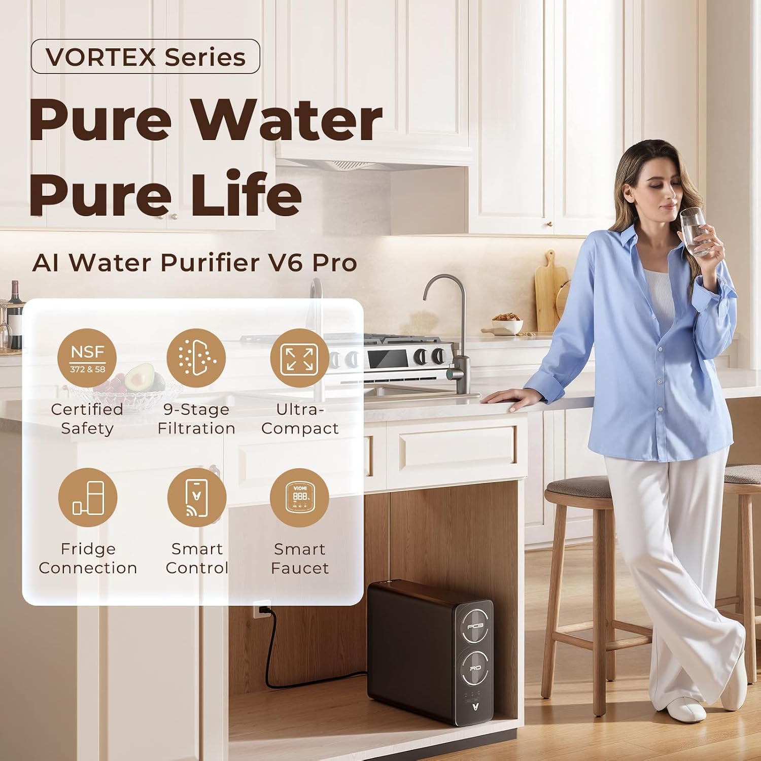VIOMI V6 Pro Reverse Osmosis System, 600 GPD Tankless RO Water Filter System, Under Sink RO, 9-Stage Filtration, 3:1 Pure-to-Drain, Reduce TDS, NSF/ANSI 42, 53, 58, and 372 Certified, Smart LED Faucet