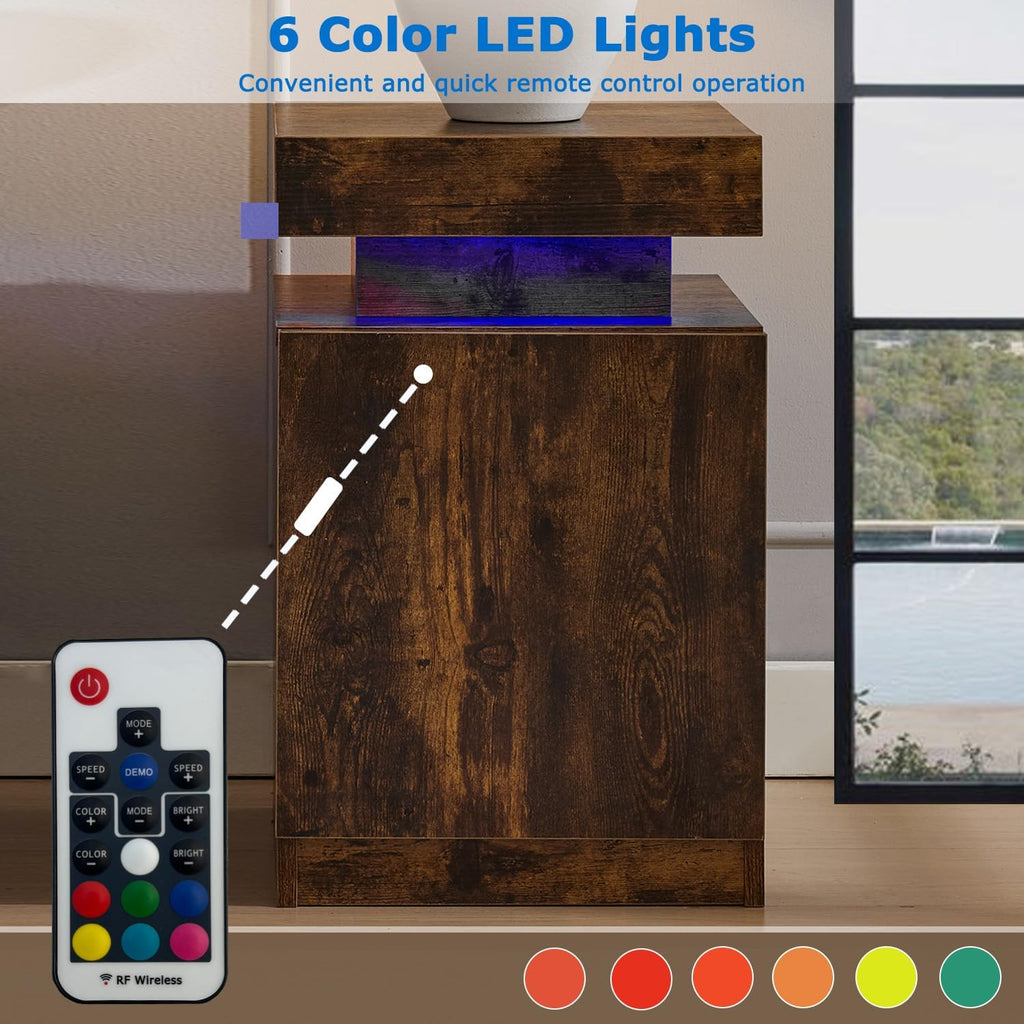 Nightstand with LED Lights Set of 2, 2 Pieces Bedside Tables with Storage Cabinet, Modern End Tables for Bedroom, Brown