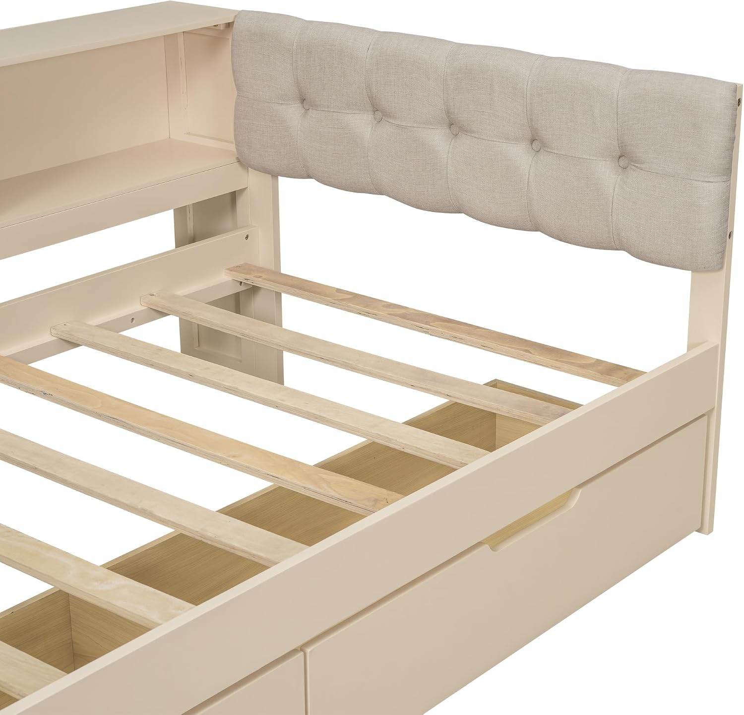 Twin Size Platform Bed with Storage Shelves and Study Desk, Wood Daybed Frame with Upholstered Headboard and 2 Drawers for Office/Living Room/Bedroom, Maximize Space