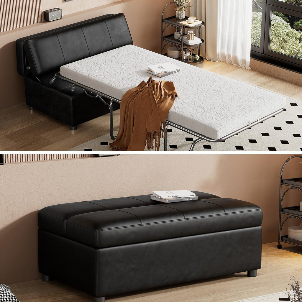 Folding Ottoman Sleeper Bed with Foldable Foam Mattress, Faux Leather Upholstered with Pull Out Bed and Steel Frame Base, Twin Size, for Living Room Bedroom Office (Black PU)