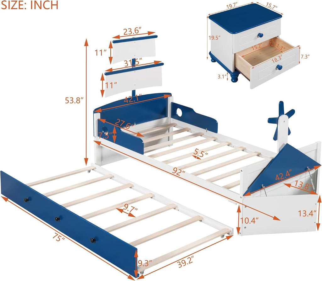 Generic 3 s Bedroom Sets,Twin Size Boat Shaped Platform Bed with Trundle and Two Nightstands,White+Blue, As title