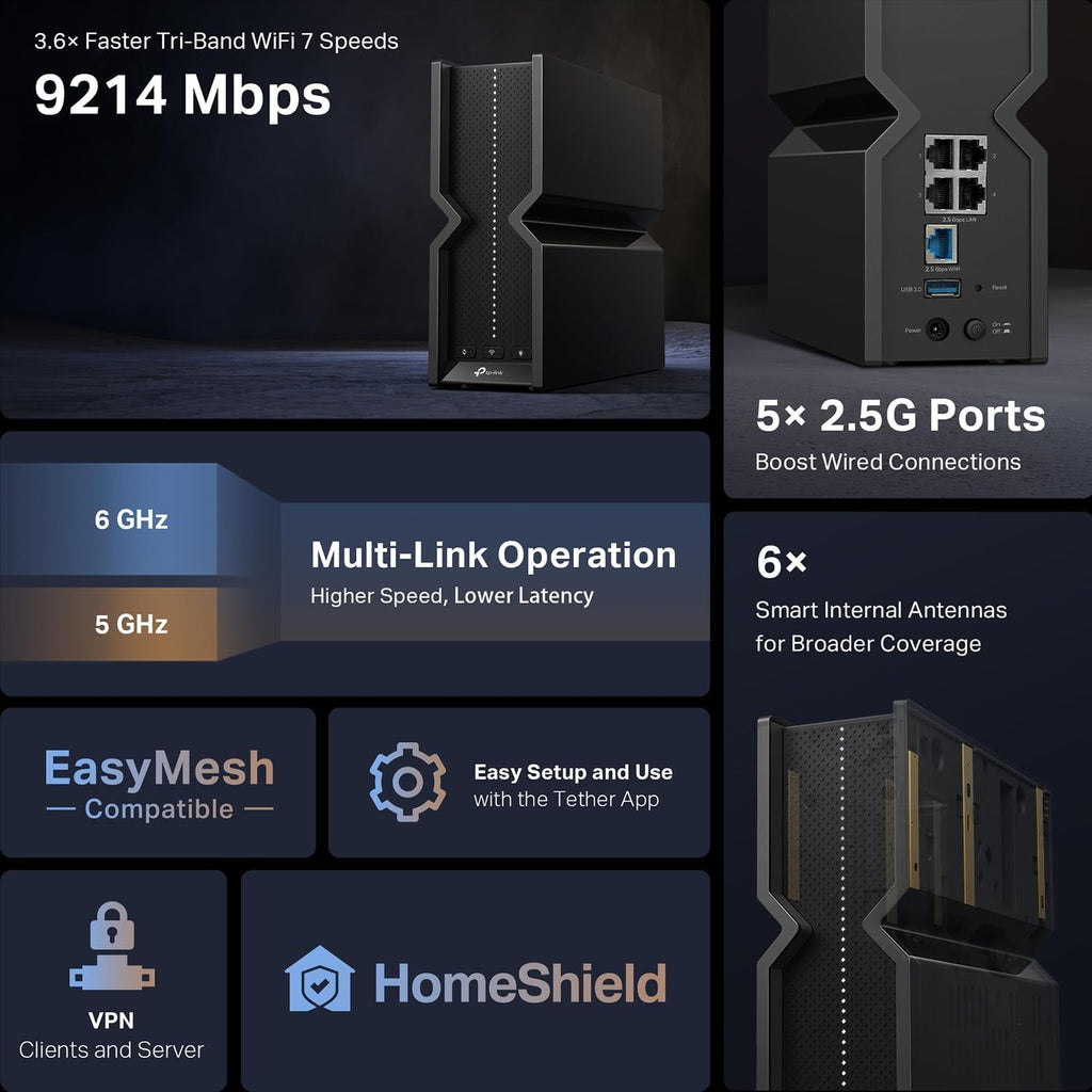 TP-Link Tri-Band BE9300 WiFi 7 Router (Archer BE550) – 6-Stream, Full 2.5G Ports, 6 Internal Antennas, Up to 2,000 sq. ft., EasyMesh Expansion, VPN