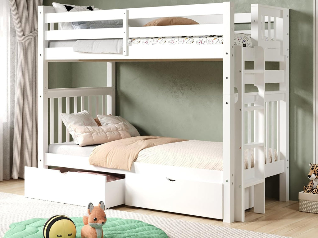 Bedz King Tall Bunk Beds Twin Over Twin Mission Style, End Ladder, 2 Storage Drawers, White