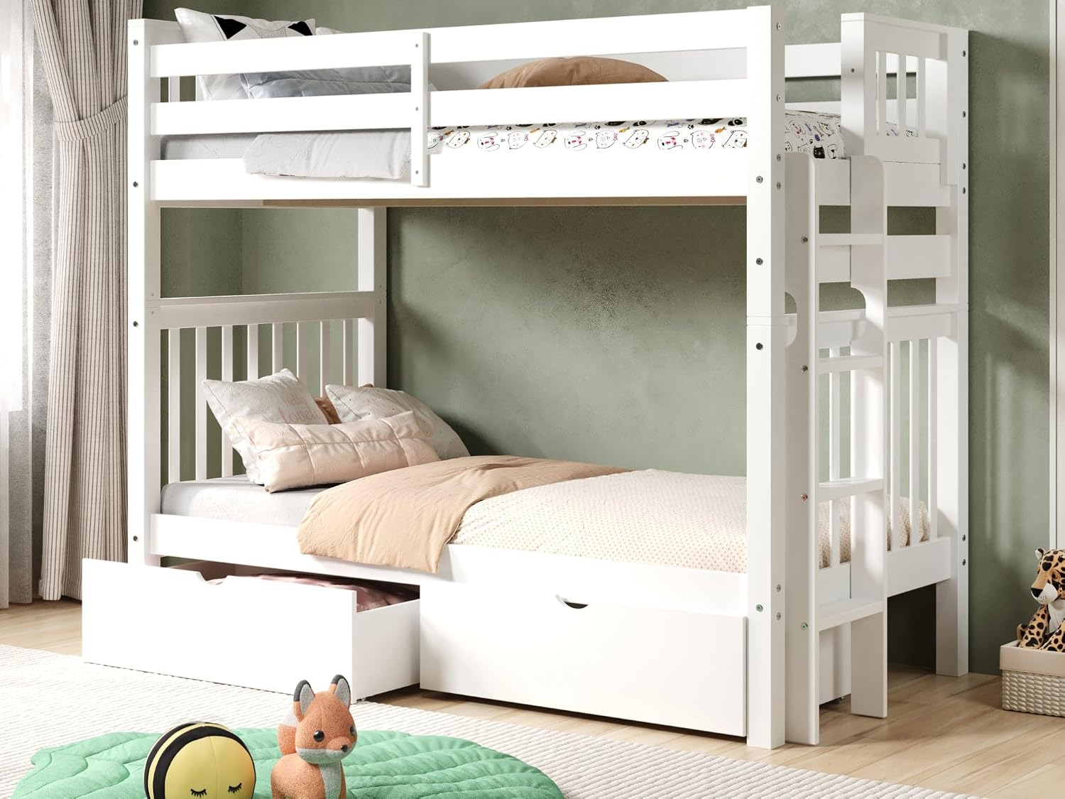 Bedz King Tall Bunk Beds Twin Over Twin Mission Style, End Ladder, 2 Storage Drawers, White