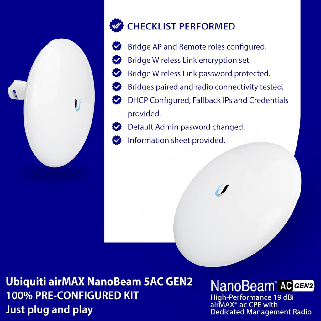 Wireless Bridge NBE-5AC-GEN2 PRE-CONFIGURED Bundle of 2 Outdoor Point-to-Point Wi-Fi Bridge, Plug and Play, 450+ Mbps Speed, 15+ km Range