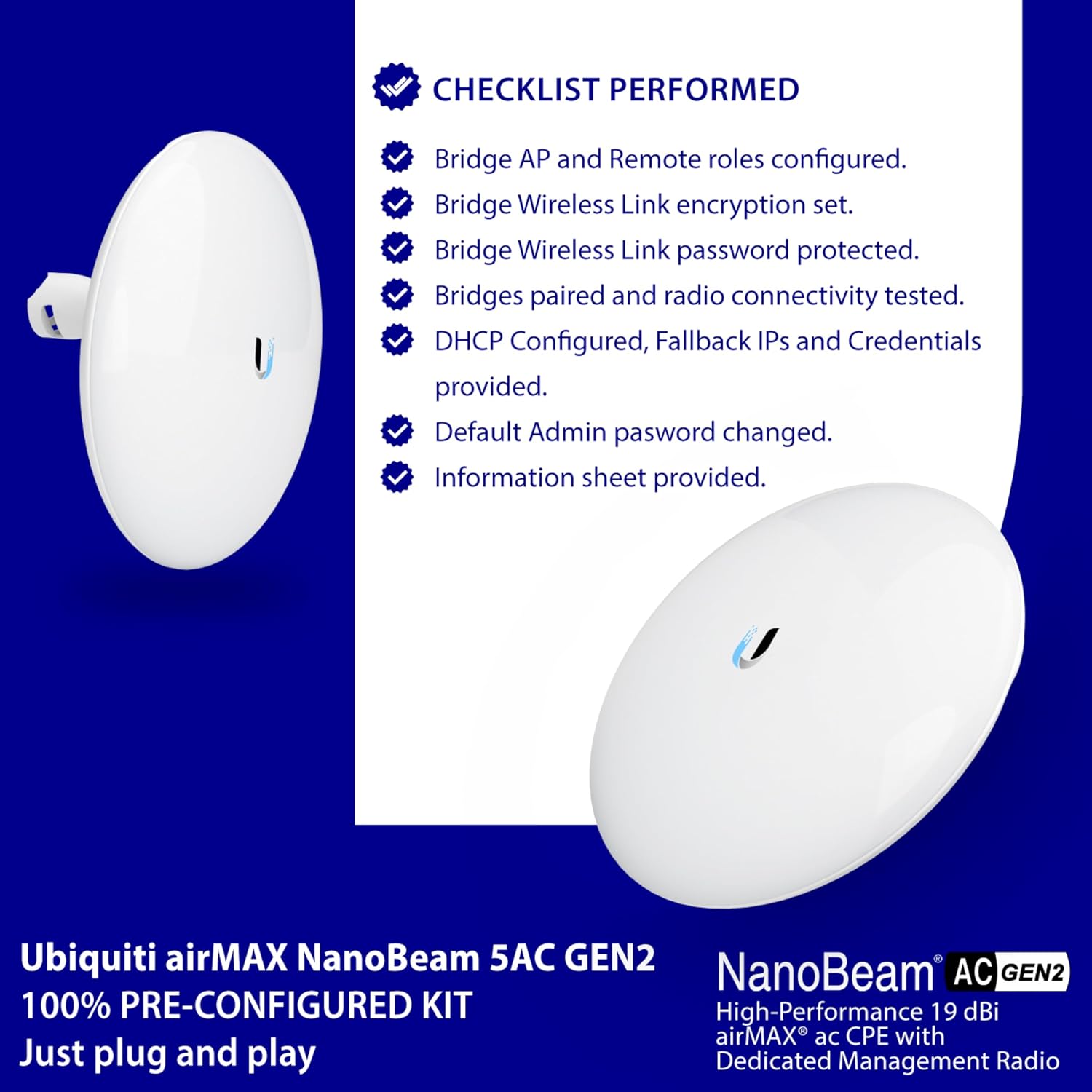 Wireless Bridge NBE-5AC-GEN2 PRE-CONFIGURED Bundle of 2 Outdoor Point-to-Point Wi-Fi Bridge, Plug and Play, 450+ Mbps Speed, 15+ km Range