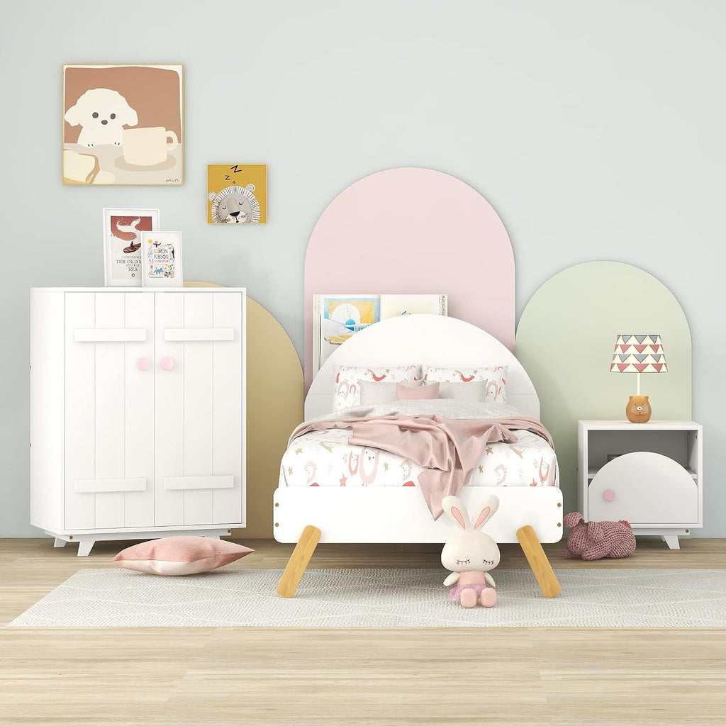 Generic 3 s Bedroom Sets Twin Size Platform Bed with Nightstand and Wardrobe,White+Pink