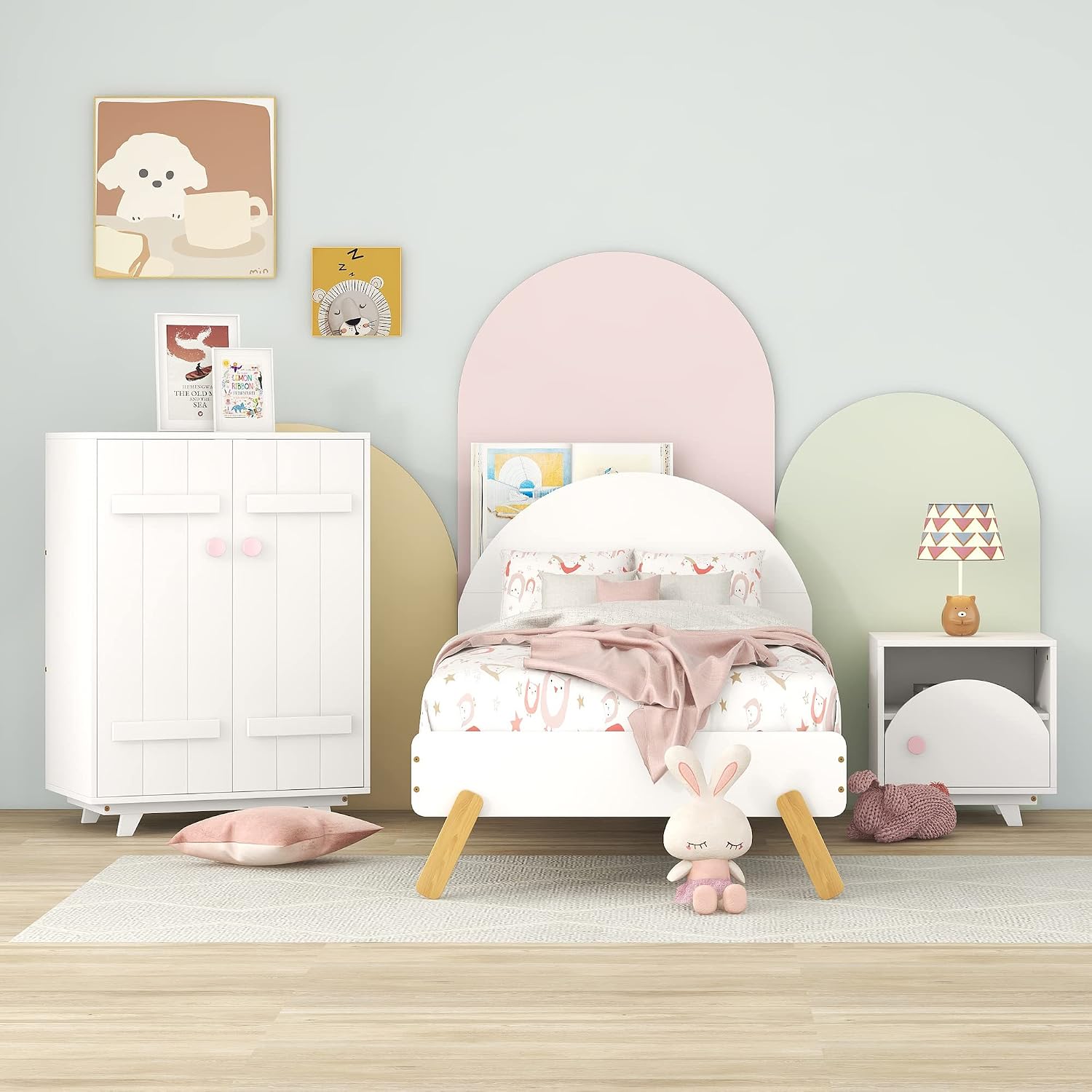 Generic 3 s Bedroom Sets Twin Size Platform Bed with Nightstand and Wardrobe,White+Pink