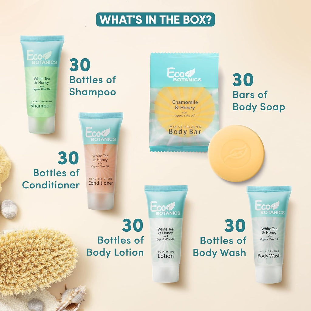 Travel Size Hotel Toiletry Set 150 Count 0.85 oz Bottles Guest Amenities for Vacation Rentals and Short Term Rentals Paraben Free White Tea Scent Infused with Aloe and Olive Oil by Eco Botanics