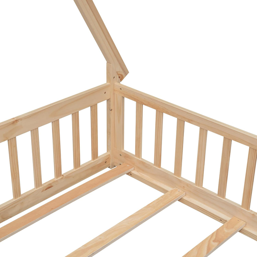 Full Size Tent-Shaped Floor Bed with Door, House Platform Bed Tent Bed Frame with Fence-Shaped Guardrails and Wood Slats Support, Wood Floor Play House Bed for Kids Boys Girls Teens (Natural,2)