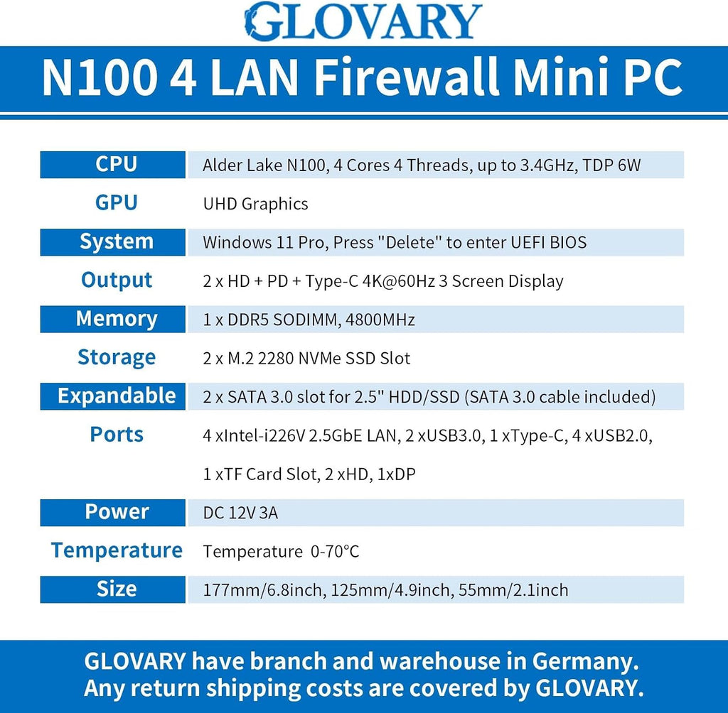 Mini Firewall PC N100 4 Core, 4 x i226V 2.5GbE LAN OPNsense Hardware, DDR5 8GB RAM 128GB SSD, Fanless Micro Computer Appliance, AES-NI, 3 Display, 2 x NVMe, 2 x SATA 3.0