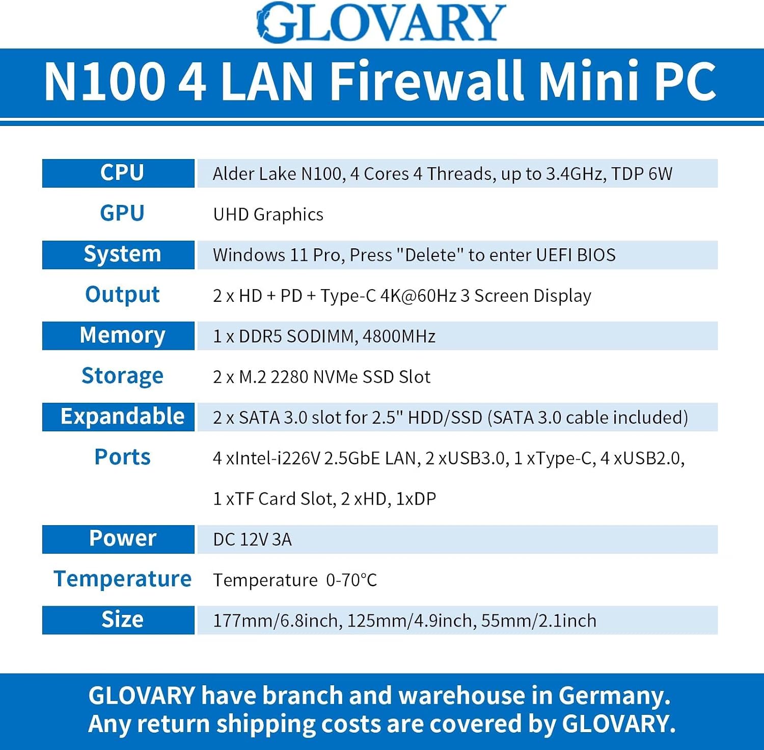 Mini Firewall PC N100 4 Core, 4 x i226V 2.5GbE LAN OPNsense Hardware, DDR5 8GB RAM 128GB SSD, Fanless Micro Computer Appliance, AES-NI, 3 Display, 2 x NVMe, 2 x SATA 3.0