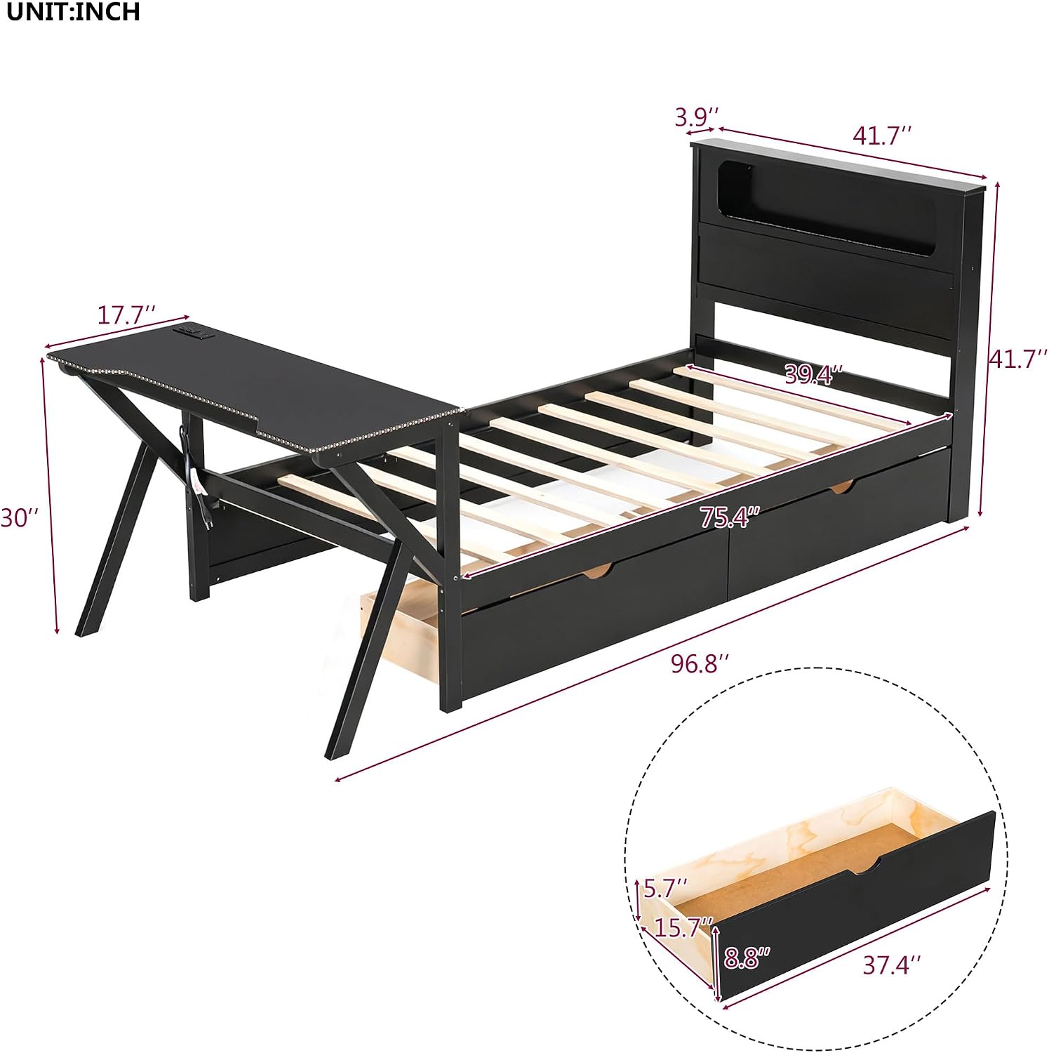 JIVOIT Twin Size Wooden Gaming Platform Bed with Desk, Two Storage Drawers, Headboard, Wood Slats Support, No Spring Box Needed