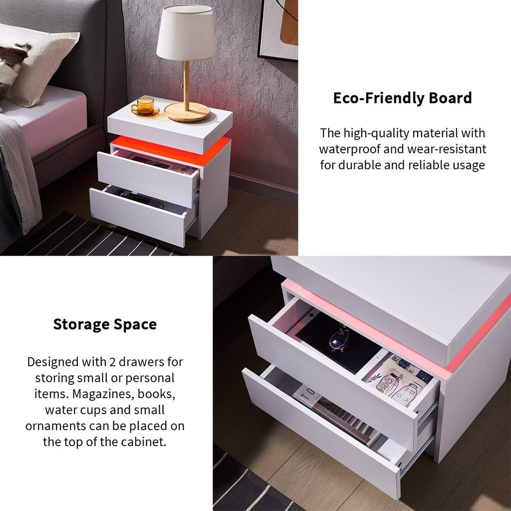 Nightstand LED Lights with 2 Drawers for Bedroom, Smart End Table Short Bedside Tables, Modern Side Table with Storage Small Shelf Stand Cabinet Lights End Side, White
