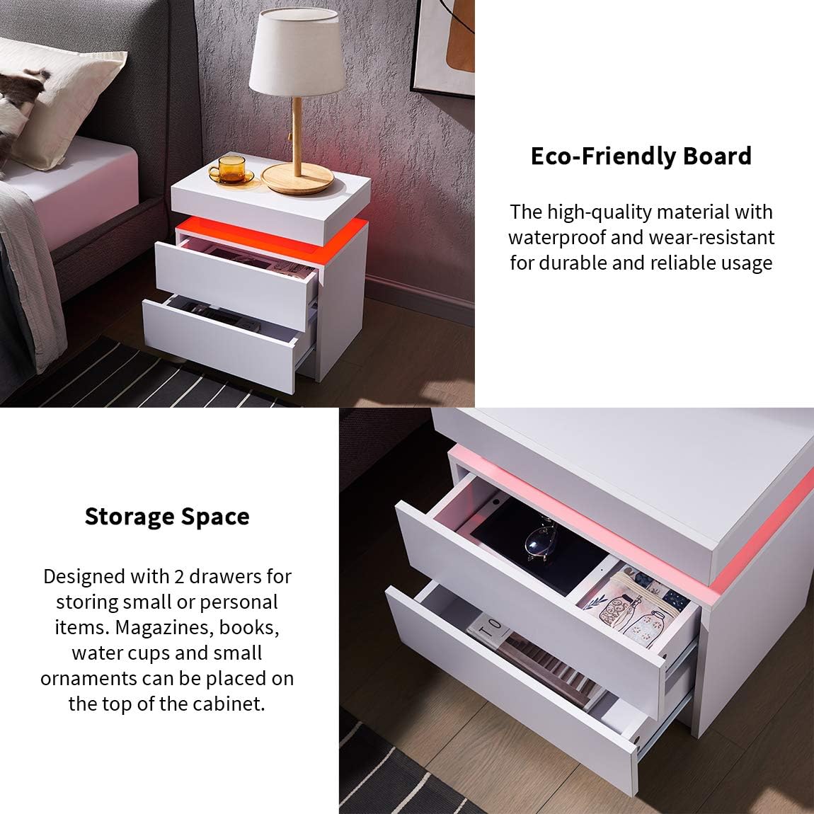 Nightstand LED Lights with 2 Drawers for Bedroom, Smart End Table Short Bedside Tables, Modern Side Table with Storage Small Shelf Stand Cabinet Lights End Side, White