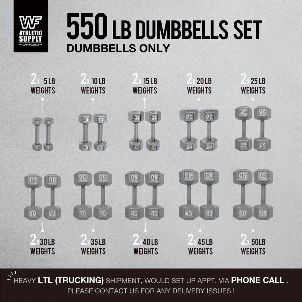 WF Athletic Supply Cast Iron Dumbbell Set, Solid Hexagon Grey Dumbbell Set, Strength Training Free Weights for Women & Men
