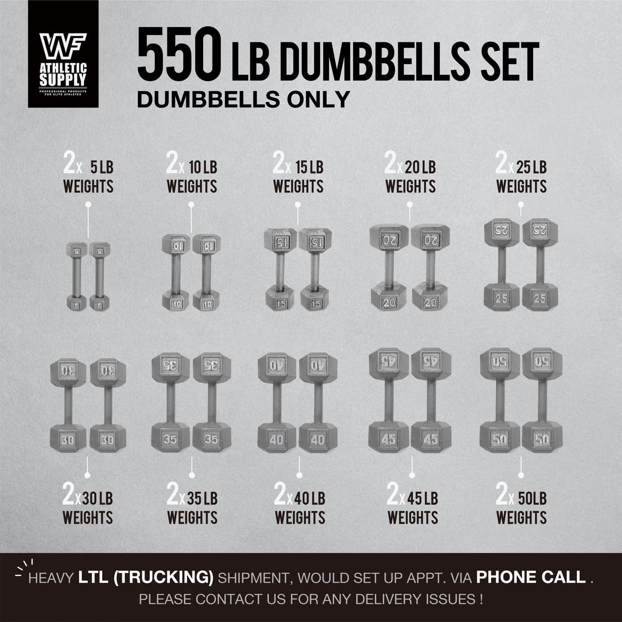 WF Athletic Supply Cast Iron Dumbbell Set, Solid Hexagon Grey Dumbbell Set, Strength Training Free Weights for Women & Men