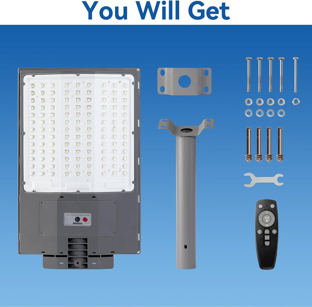 8500W Solar Street Light Outdoor, 550000LM 7000K Commercial Solar Parking Lot Light Dusk to Dawn, IP67 Waterproof with Motion Sensor & Remote, Ideal for Farm Ranch Driveway Yard Garage Small Business