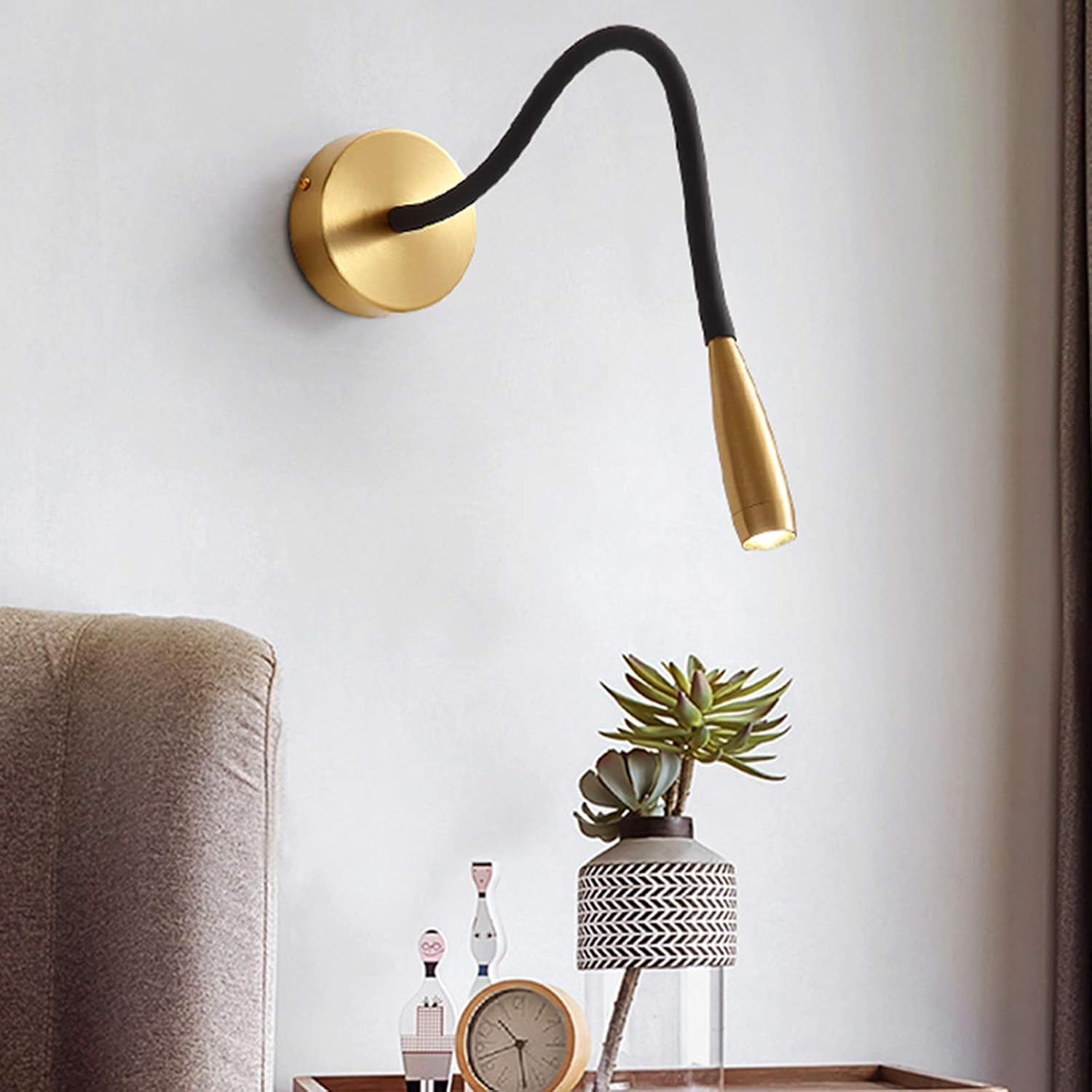 Copper Wall Lamp, Gooseneck Wall Light, Adjustable Indoor Wall Light 360 Rotatable Wall Light, Wall Bed Book Reading Lamp, Three Color Temperatures, 3W